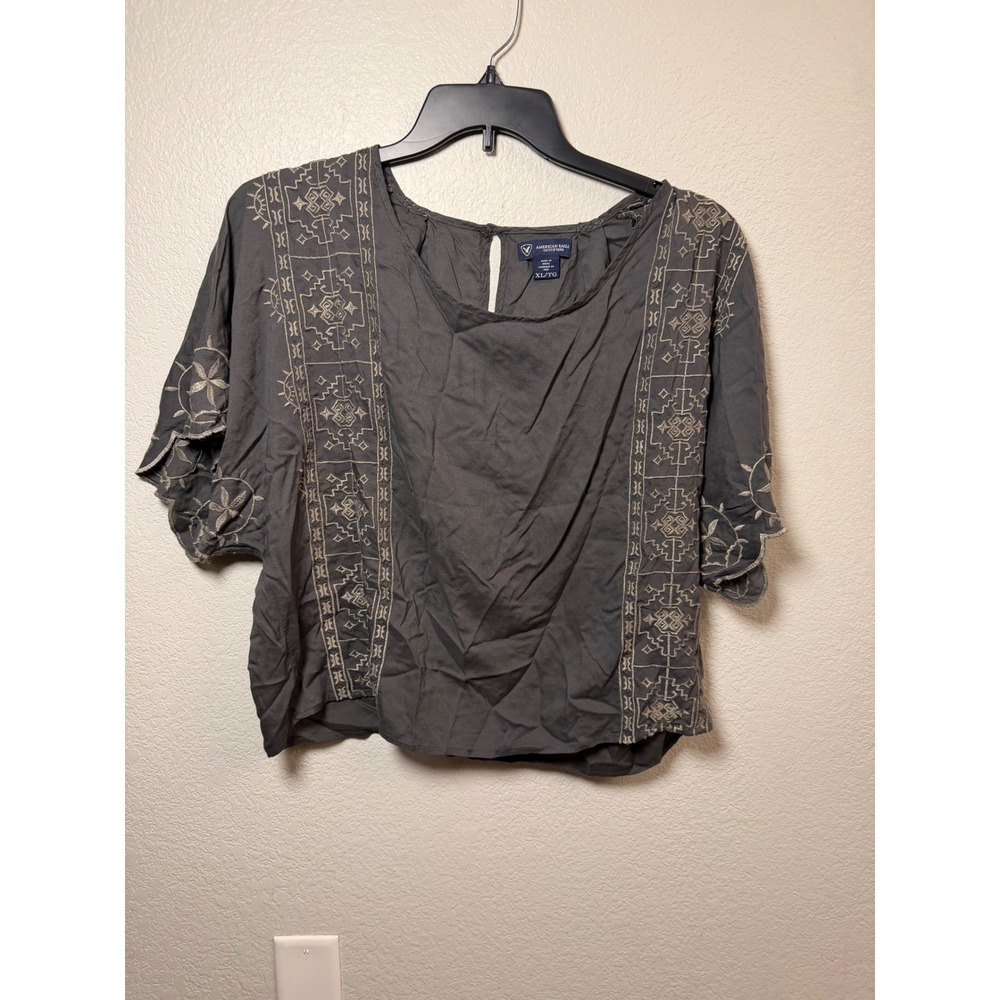 American Eagle Gray Embroidered Boho Flutter Sleeve Blouse XL